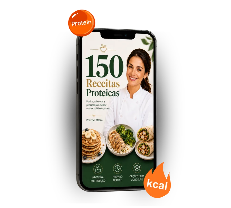 Mockup do produto 150 Receitas Proteicas no celular