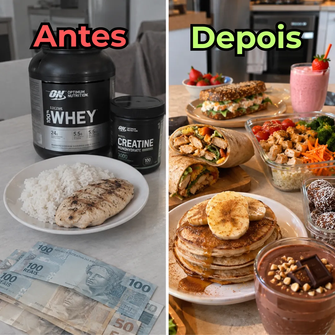 Comparação: alimentação proteica restrita com whey e frango versus opções variadas e saborosas