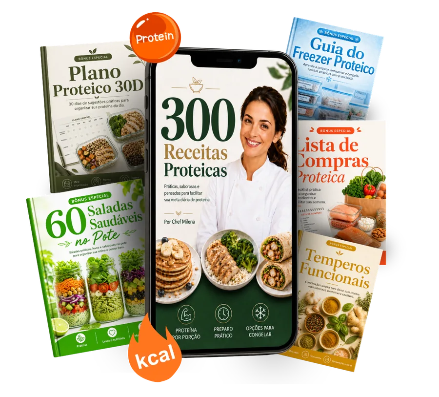 Mockup do produto 300 Receitas Proteicas com todos os bônus