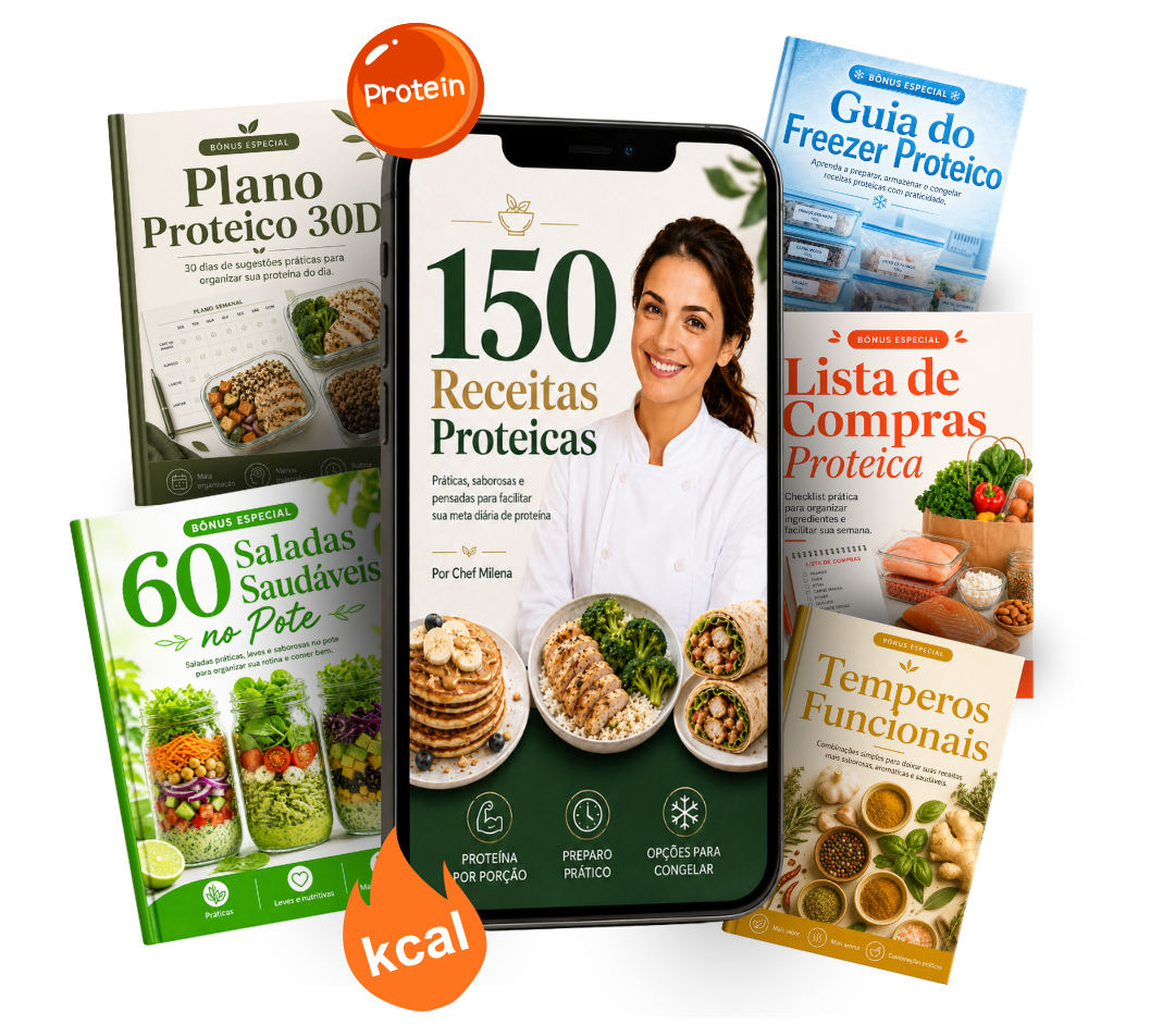 Mockup do produto 150 Receitas Proteicas com todos os bônus