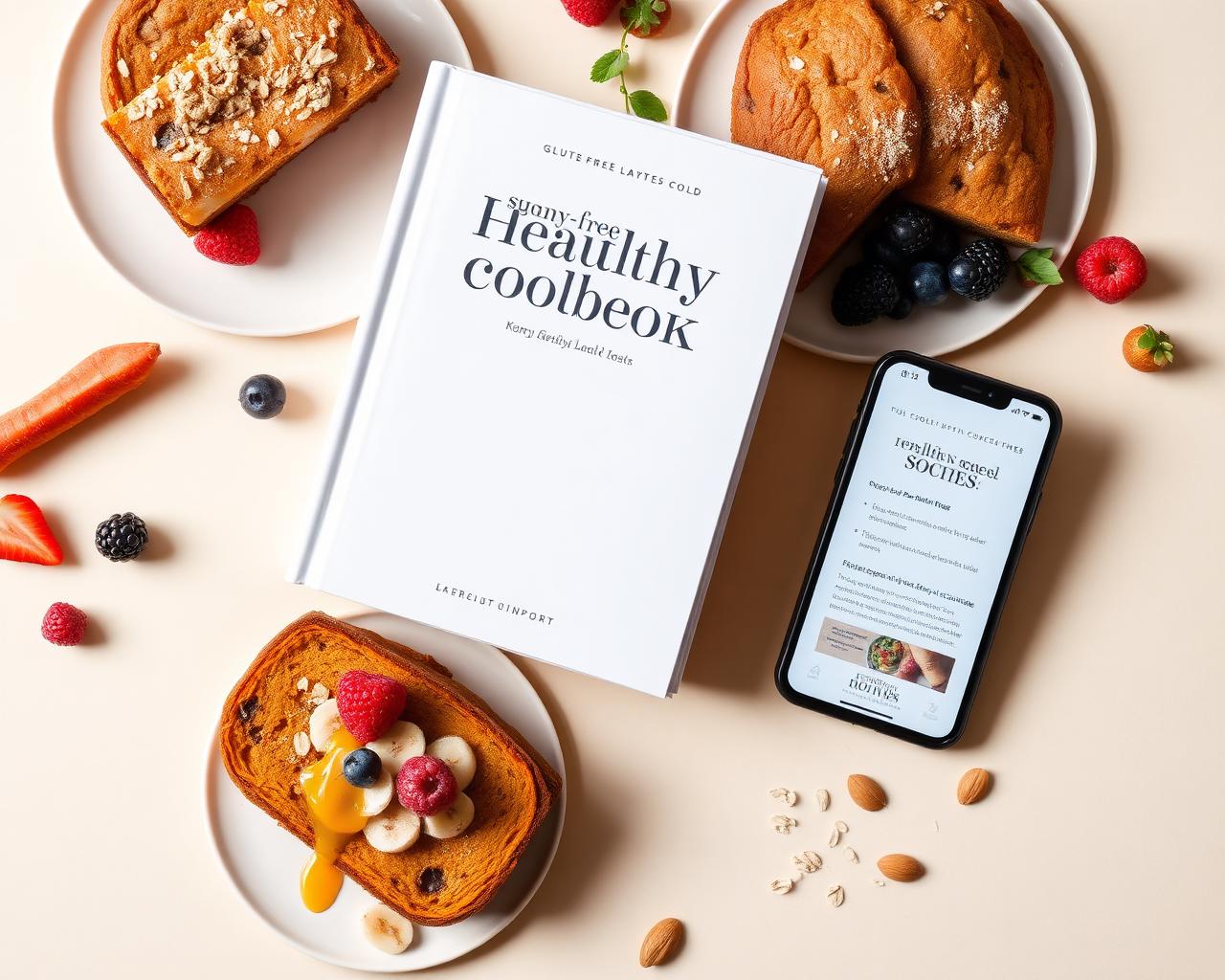 Livro de receitas saudáveis com bolos, pães e celular mostrando o material